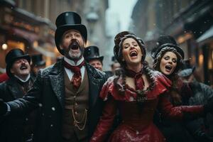 uma grupo do carolers vestido dentro vitoriano vestuário cantando em uma Nevado rua. foto