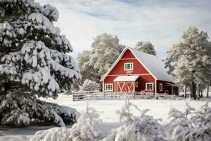 uma Nevado panorama com uma vermelho celeiro e uma decorado sempre-verde árvore foto