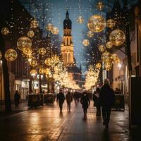 dourado Natal luzes iluminador uma cidade rua. foto