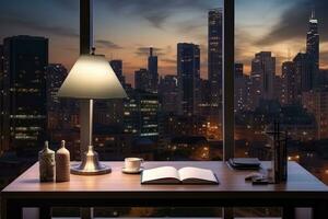 a paisagem urbana luz sobre a escritório escrivaninha Prêmio foto photobook