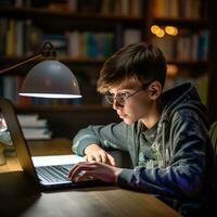 Garoto estudando com uma computador portátil e caderno foto