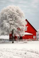 uma Nevado panorama com uma vermelho celeiro e uma decorado sempre-verde árvore foto