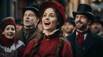 uma grupo do carolers vestido dentro vitoriano vestuário cantando em uma Nevado rua. foto