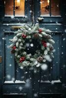 uma festivo guirlanda suspensão em uma de madeira porta, cercado de queda flocos de neve foto