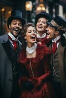 uma grupo do carolers vestido dentro vitoriano vestuário cantando em uma Nevado rua. foto