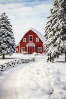 uma Nevado panorama com uma vermelho celeiro e uma decorado sempre-verde árvore foto