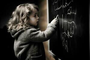 pequeno menina escrevendo em uma quadro-negro foto