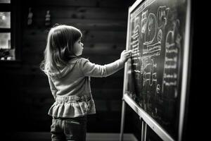 pequeno menina escrevendo em uma quadro-negro foto