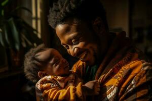 africano pai estimando momento com recém-nascido bebê dentro seus casa foto
