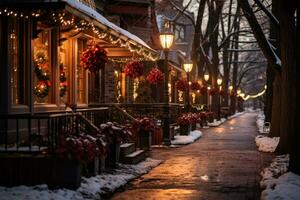 cintilante luzes adornar pitoresco americano Cidade lojas para festivo Natal charme foto
