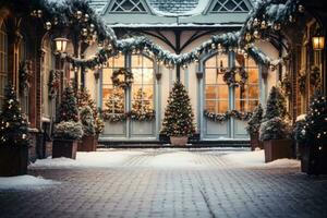 decorado americano Cidade vitrines às Natal fundo com esvaziar espaço para texto foto