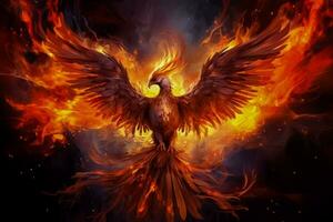mítico flamejante Fénix pássaro de fogo faíscas e chamas em fogosa fundo foto