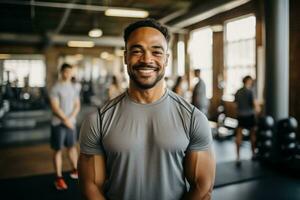 sorridente homem carrinhos com braços cruzado dentro ginástica estúdio foto