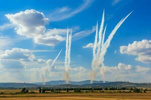 fumaça trilhas do mísseis dentro a israelense céu durante dia militares operações foto