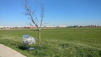 lixo coletado do campo para o carrinho de compras foto