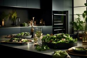 ai generativo imagem do moderno cozinha com vegetal em cozinha mesa foto