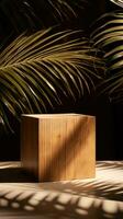 uma de madeira cubo sentado Próximo para uma Palma árvore ai gerado foto