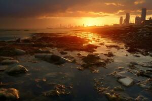 pôr do sol sobre poluído litoral revela de Meio Ambiente danificar ai generativo foto