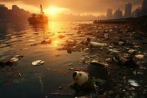 pôr do sol sobre poluído litoral revela de Meio Ambiente danificar ai generativo foto