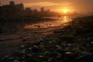 pôr do sol sobre poluído litoral revela de Meio Ambiente danificar ai generativo foto