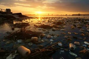 pôr do sol sobre poluído litoral revela de Meio Ambiente danificar ai generativo foto