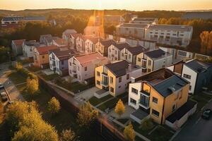 zangão Visão do casas com solar painéis. ai gerado foto