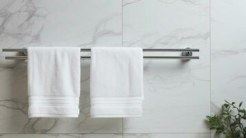 branco toalha suspensão em a parede dentro banheiro com branco mármore telha muro. banheiro interior. generativo ai foto