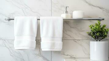 branco toalha suspensão em a parede dentro banheiro com branco mármore telha muro. banheiro interior. generativo ai foto