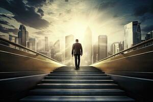 costas Visão do homem de negocios caminhando acima escadas em cidade fundo. carreira e sucesso conceito. generativo ai foto