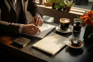 fechar acima do homem de negocios assinatura contrato. homem de negocios sentado às mesa e escrevendo dentro bloco de anotações. generativo ai foto