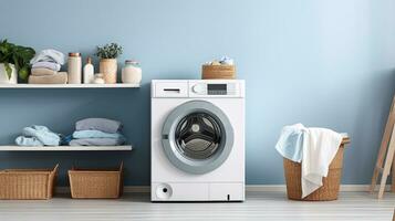 interior do moderno lavanderia quarto com lavando máquina, cesta e toalhas. generativo ai foto