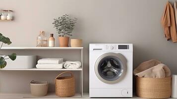 interior do moderno lavanderia quarto com lavando máquina, cesta e toalhas. generativo ai foto
