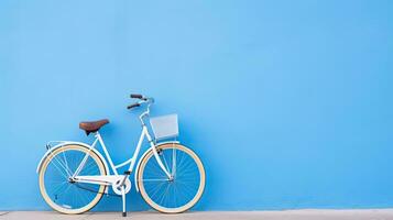 bicicleta em azul parede com cópia de espaço para seu texto ou Projeto. generativo ai foto