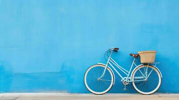 bicicleta em azul parede com cópia de espaço para seu texto ou Projeto. generativo ai foto