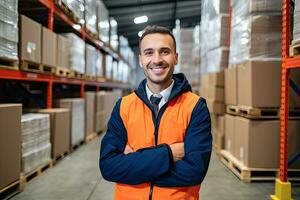 sorridente armazém trabalhador segurando caixas dentro armazém. isto é uma frete transporte e distribuição armazém. industrial e industrial trabalhadores conceito. generativo ai foto