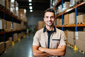 sorridente armazém trabalhador segurando caixas dentro armazém. isto é uma frete transporte e distribuição armazém. industrial e industrial trabalhadores conceito. generativo ai foto