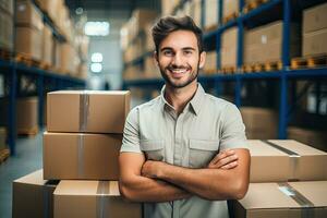 sorridente armazém trabalhador segurando caixas dentro armazém. isto é uma frete transporte e distribuição armazém. industrial e industrial trabalhadores conceito. generativo ai foto