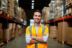 sorridente armazém trabalhador segurando caixas dentro armazém. isto é uma frete transporte e distribuição armazém. industrial e industrial trabalhadores conceito. generativo ai foto