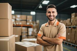 sorridente armazém trabalhador segurando caixas dentro armazém. isto é uma frete transporte e distribuição armazém. industrial e industrial trabalhadores conceito. generativo ai foto