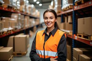 sorridente armazém trabalhador segurando caixas dentro armazém. isto é uma frete transporte e distribuição armazém. industrial e industrial trabalhadores conceito. generativo ai foto