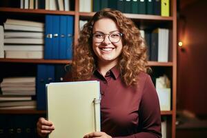 jovem mais Tamanho empresária sorridente feliz segurando encadernador dentro a escritório. generativo ai foto