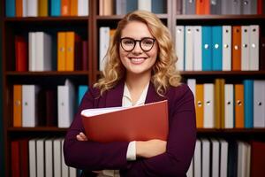 jovem mais Tamanho empresária sorridente feliz segurando encadernador dentro a escritório. generativo ai foto