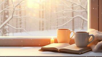 acolhedor inverno cena. café, aberto livro, e xadrez em vintage peitoril da janela dentro cabana, Nevado panorama com monte de neve fora. generativo ai foto