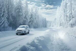 carro dirigindo em neve coberto floresta estrada dentro inverno. generativo ai foto