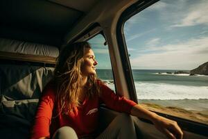 jovem mulher dentro dela campista desfrutando uma cênico de praia visualizar, uma tranquilo momento do desejo de viajar e aventura. generativo ai foto