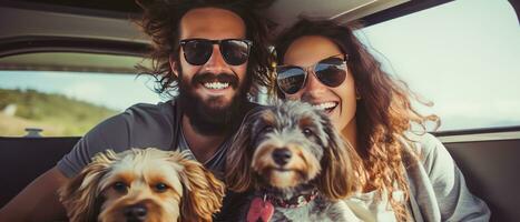 hipster casal e seus cachorro desfrutando uma acampamento aventura em uma mini furgão aventura, acampamento dentro a ótimo ao ar livre, criando duradouro recordações. generativo ai foto