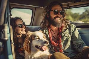 hipster casal e seus cachorro desfrutando uma acampamento aventura em uma mini furgão aventura, acampamento dentro a ótimo ao ar livre, criando duradouro recordações. generativo ai foto