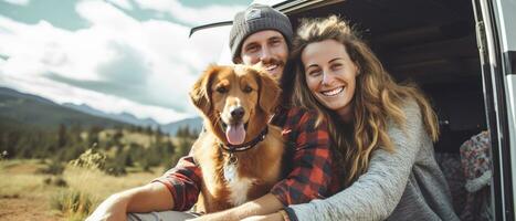 hipster casal e seus cachorro desfrutando uma acampamento aventura em uma mini furgão aventura, acampamento dentro a ótimo ao ar livre, criando duradouro recordações. generativo ai foto