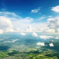 panorâmico Visão do Campos e nuvens a partir de a avião janela. a céu é uma brilhante azul com fofo branco nuvens. generativo ai foto