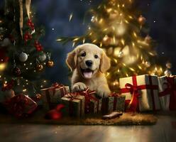 fofa feliz cachorro e gatinho debaixo Natal árvore foto